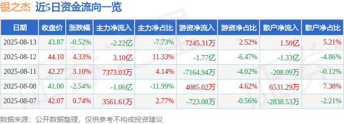 股票行情快报：银之杰（300085）8月13日主力资金净卖出2.22亿元