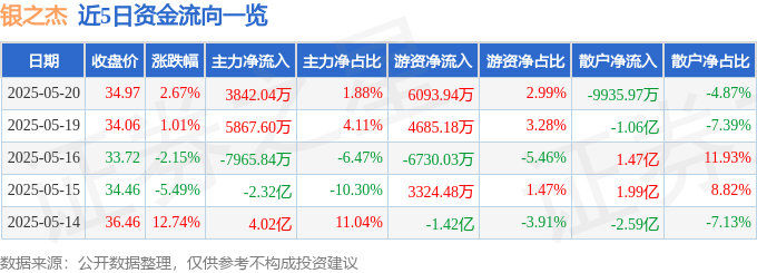 股票行情快报：银之杰（300085）5月20日主力资金净买入3842.04万元