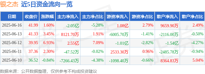 股票行情快报：银之杰（300085）6月16日主力资金净卖出2.05亿元
