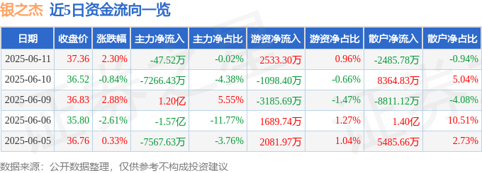 股票行情快报：银之杰（300085）6月11日主力资金净卖出47.52万元