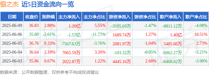 股票行情快报：银之杰（300085）6月9日主力资金净买入1.20亿元