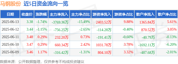 股票行情快报：马钢股份（600808）6月13日主力资金净卖出3769.36万元