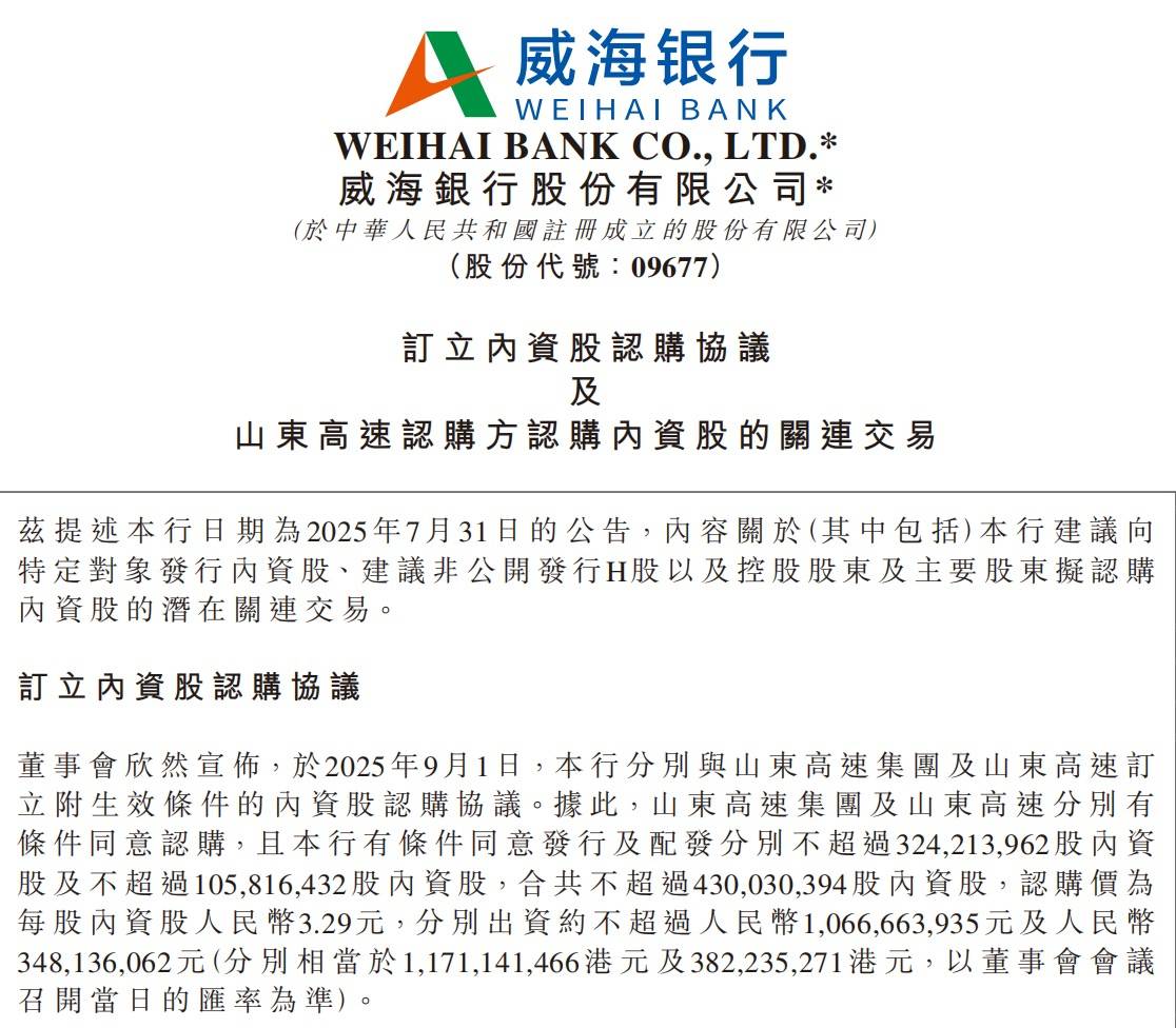 山东高速集团及山东高速拟合计出资14.15亿元认购威海银行增发股份