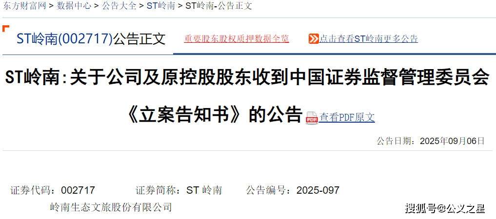 岭南股份(002717)涉嫌信披违规被立案,曾自查存资金占用情形